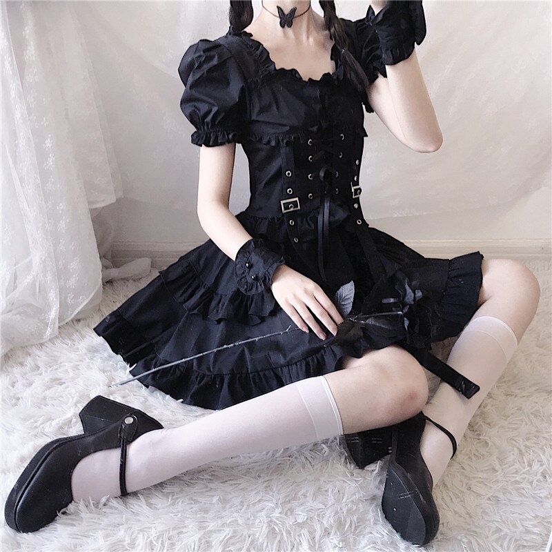 【NEWカラー追加】女性秋ゴシックドレスダークブラックヴィンテージ半袖女性ファッション気質ハイ