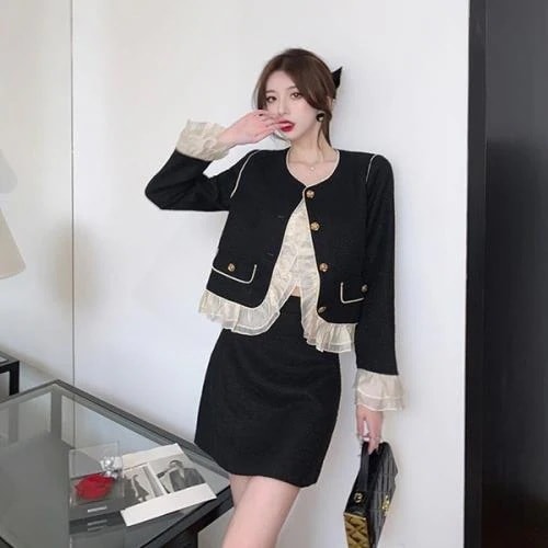 【急速出荷 2025年新作】セットアップ ツーピース 2点セット 韓国 無地 ノーカラー 春 秋 冬 長袖 ミニ丈 おしゃれ 可愛い 韓国 レース ジャケット ノーカラー アウター ミニスカート 台形 6,433円