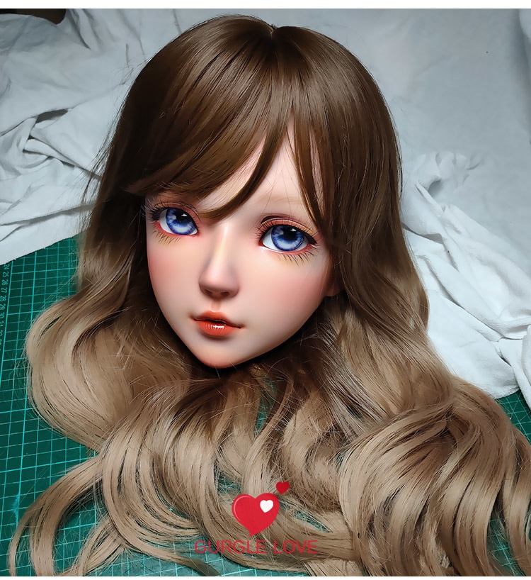 ハーフマスク ウィッグ付き 眼球付 青 樹脂製 コスプレマスク 着ぐるみ 美少女 ハーフマスク カツラ付き 茶色 眼球付き 青 樹脂製 ヘッド