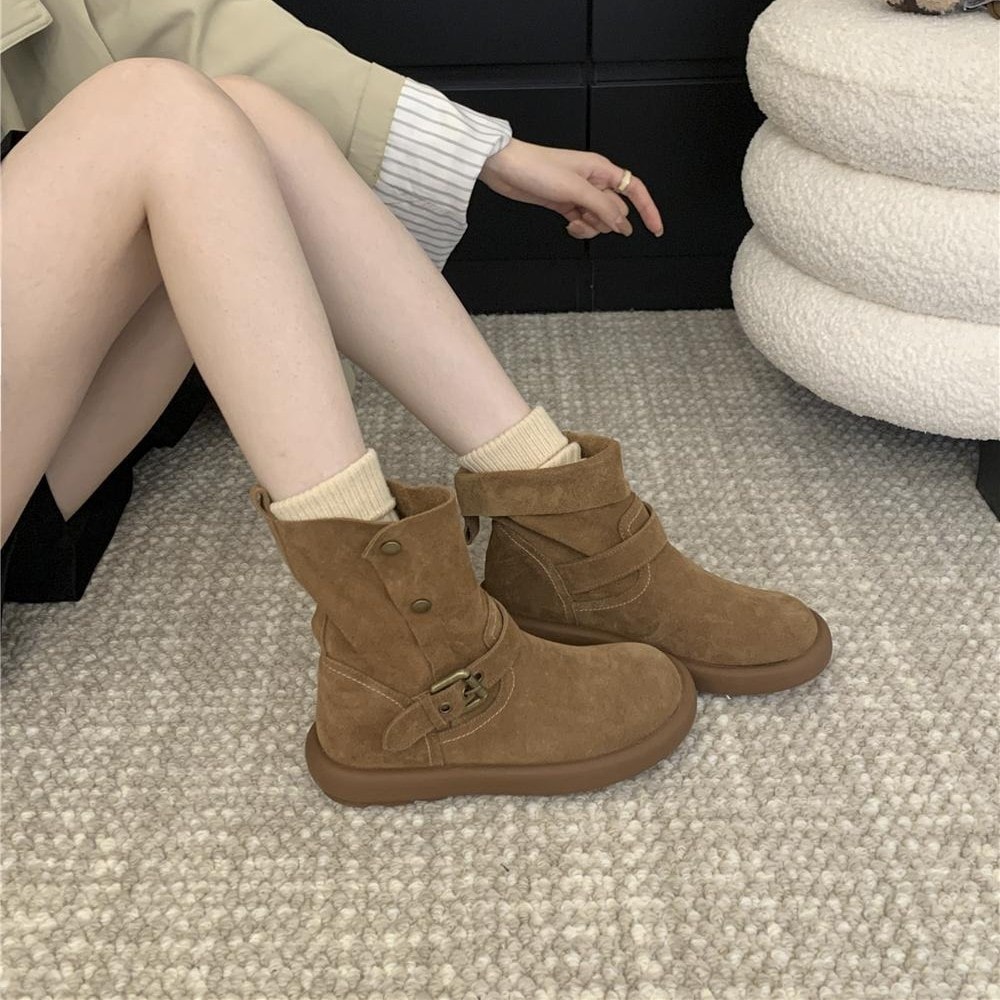 本革のビルケンブーツセンスタイルの茶色のミッドチューブブーツ女性ブーツ2024冬の新しい2ウェアパイルブーツマーティンブーツ