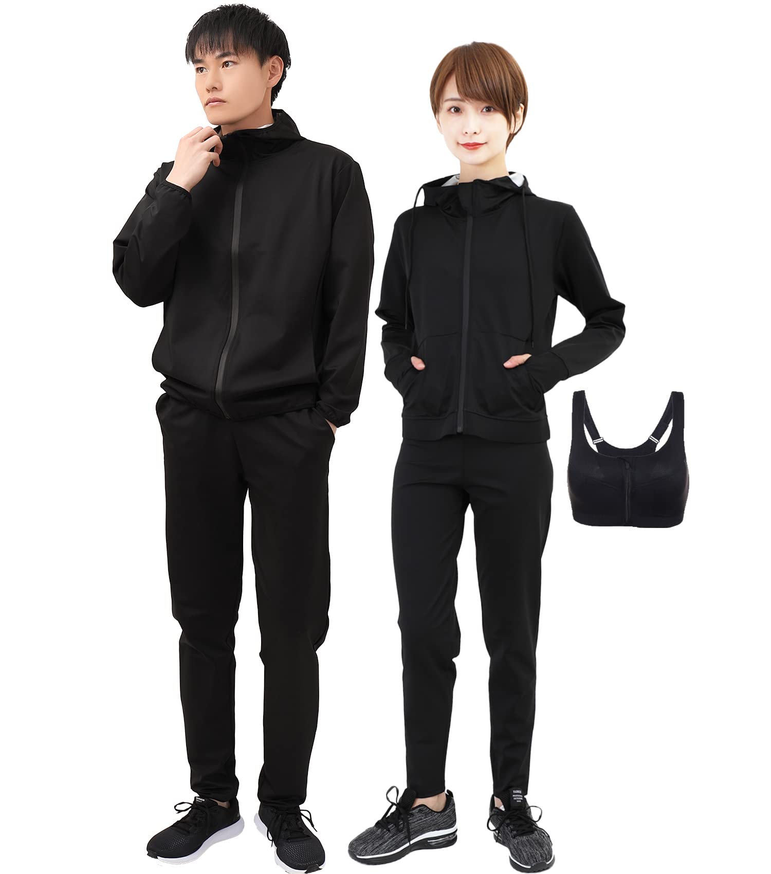 [Smarty] 世界代表選手も愛用&動画付 サウナスーツ レディース メンズ ダイエット 上下セット ３点セット 洗濯可 大量発汗 ランニング ウォーキング スポーツブラ付 エクササイズ (ブラック