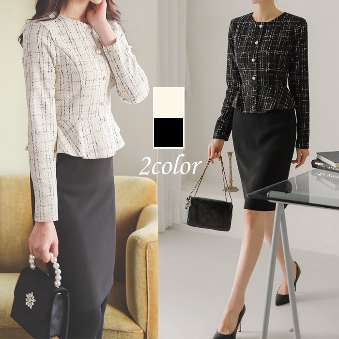 ワンピース 秋冬 ツイード ぺプラム タイト 結婚式 二次会 式典