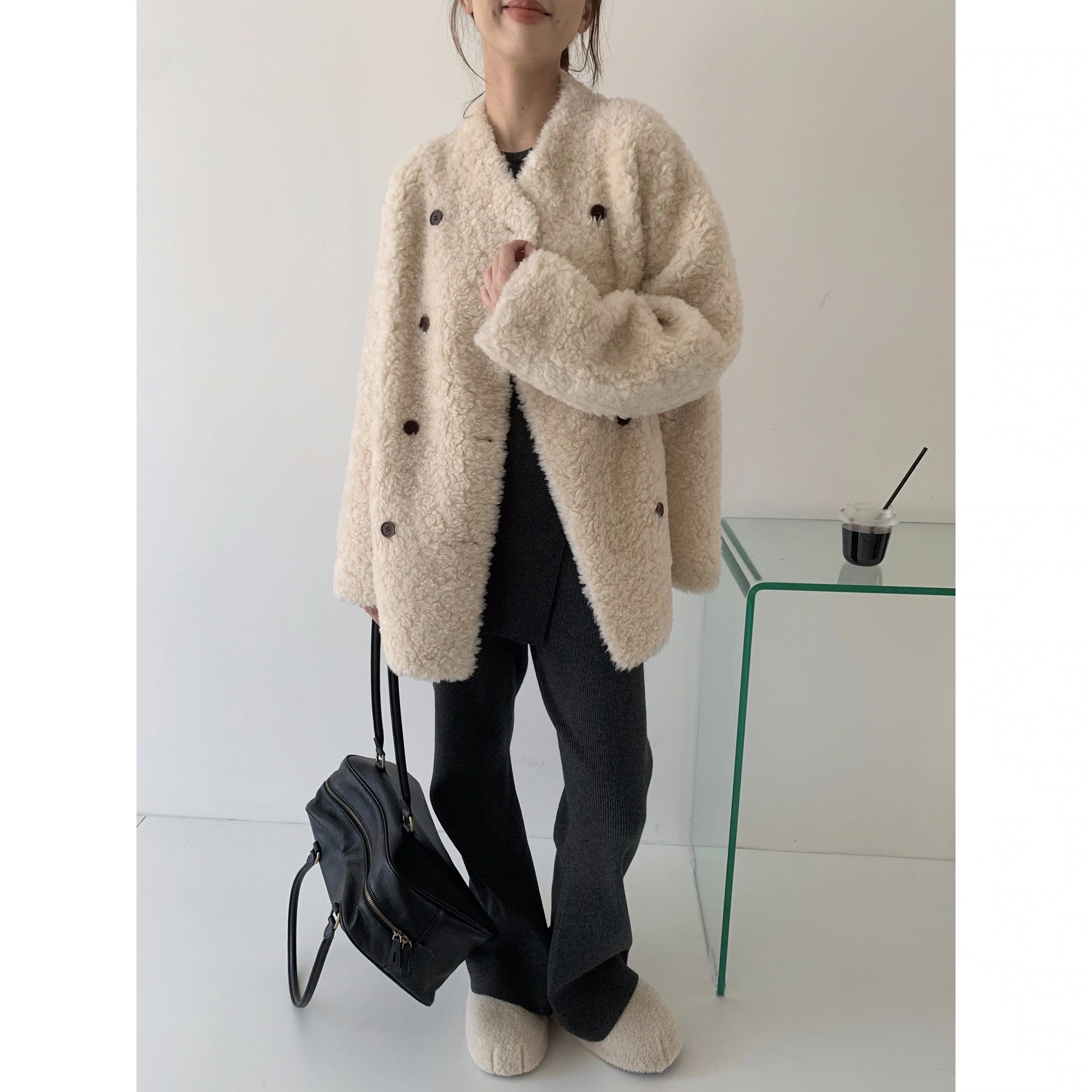 100%子羊毛カジュアルスタイルダブルブレスト2026年冬新作毛皮一体型ファー