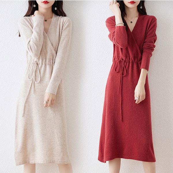 ニットワンピース レディース タイト ストライプ 上品 長袖 膝丈 vネック フレアスリーブ ボーダー リブ ラデーション フレアワンピース ミディアム丈 きれいめ 春秋冬 aaa