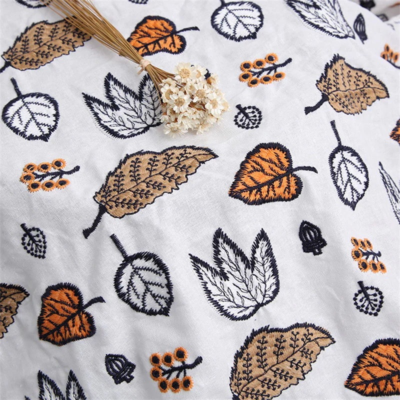 夏季新品限定幅120cm 90cm単位 生地 布 綿麻生地 刺繍生地 葉柄 手芸 裁縫 DIY 白 ブルー ブラウン レッド