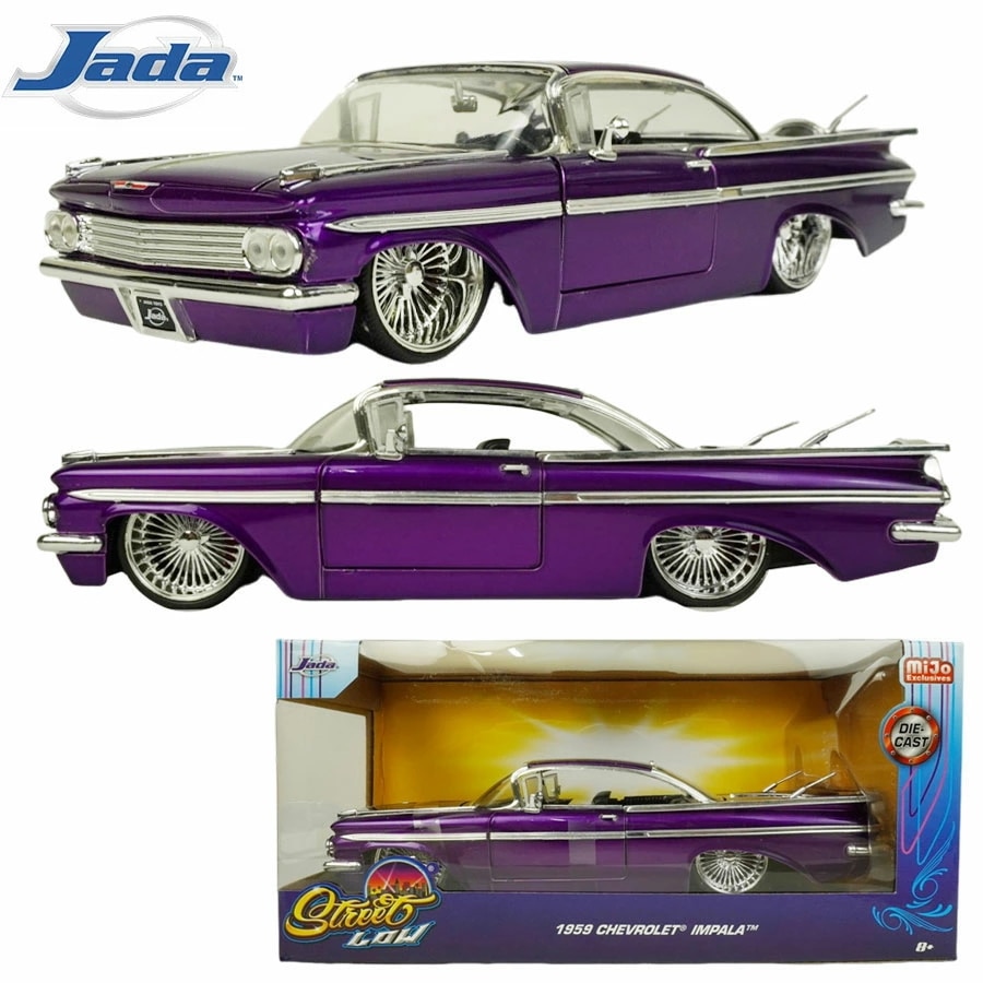 ダイキャスト 1/24 箱入り ミニカーJADA 1959 CHEVROLET IMPALAジャダトイズ シボレー インパラ ダイキャストカーパープル 紫 ローライダー シェビ