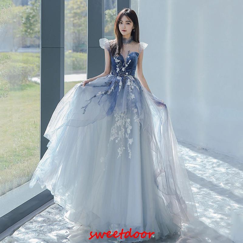 カラードレス 演奏会 ブルー ロングドレス プリンセスラインドレス コンサート パーティードレス 発表会 ウェディングドレス 二次会 青 結婚式 ステージ衣装