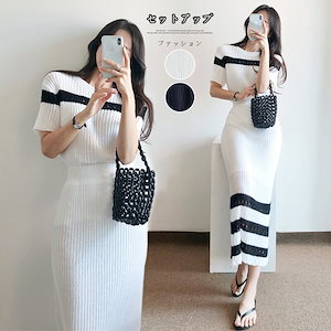 ファッション夏韓国風ニット半袖ロングスカートツーピースセットセットアップ