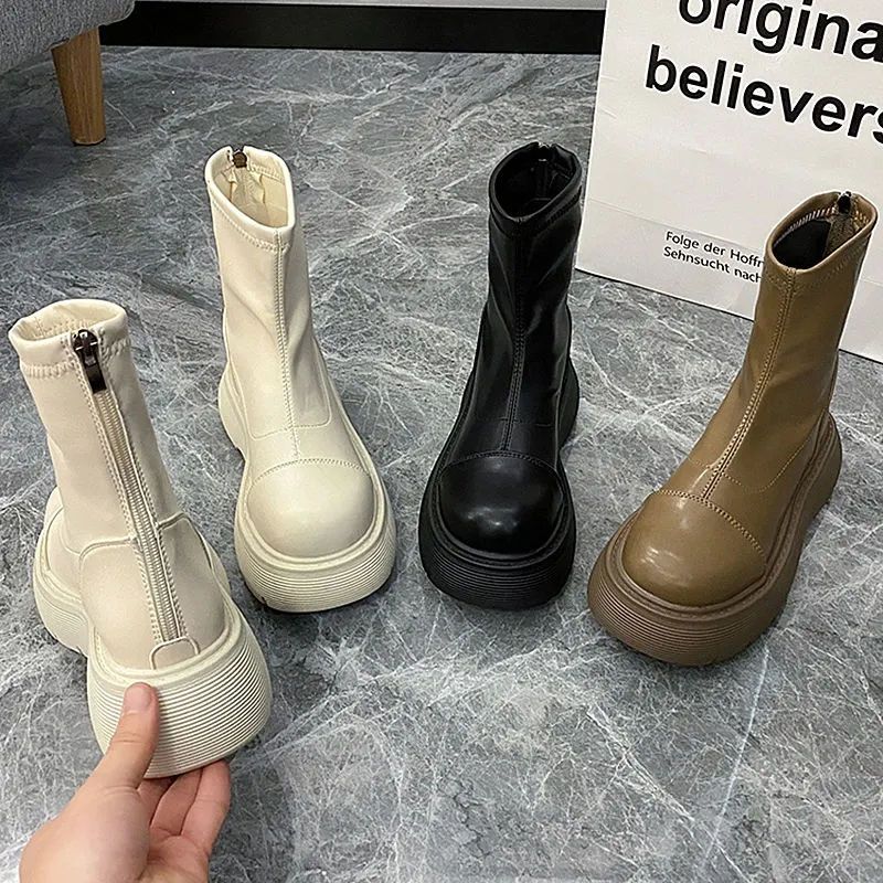厚底スニーカー年春春冬春春冬春の新作厚底でハイになったイングリッシュ風ショートブーツ レディース スタイルアップ！ヒールパンプス リヤジップマーティンブーツ
