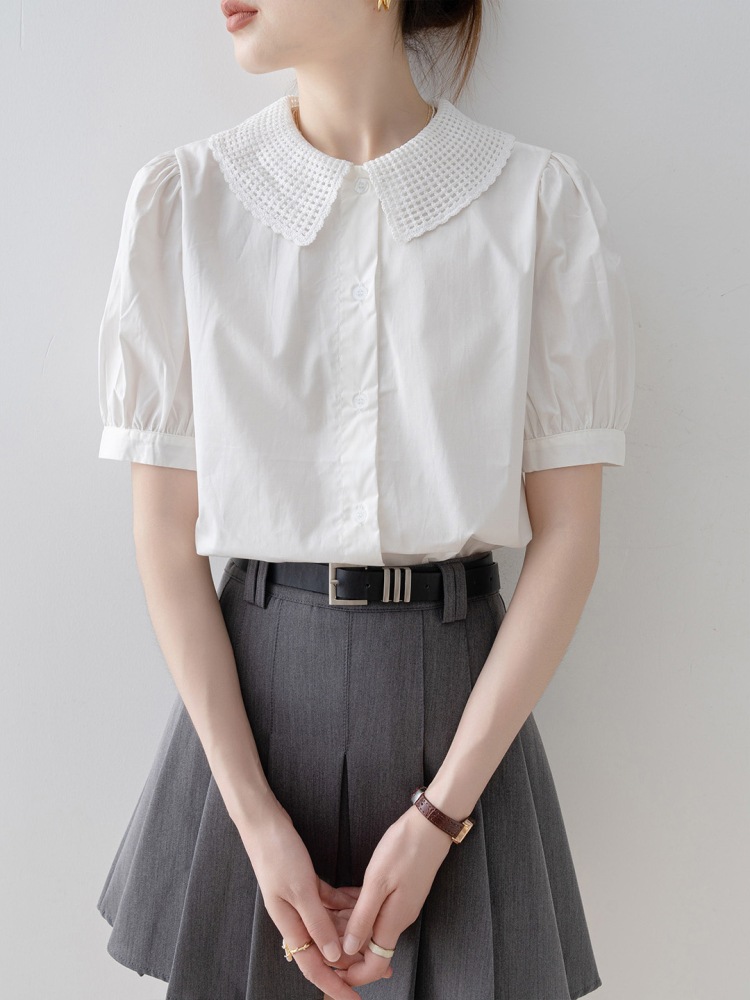 【1点ご購入 で10点プレゼントいたします】シャツレディース2025ドールネック半袖白シャツ気品泡スリーブトップス