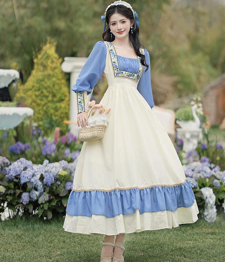 レトロワンピース 女性 ハロウィン コスプレ衣装 農場 田舎 メイド服 長袖 ロング丈ドレス 配色 フレッシュ ドレス 学園祭 文化祭 喫茶店 コスチューム イベント衣装 旅行 撮影衣装