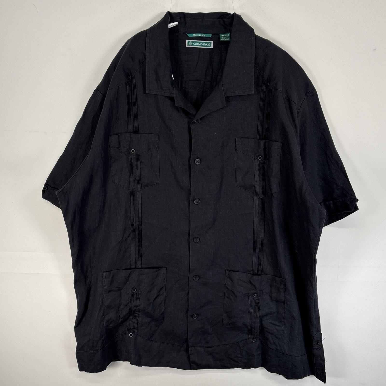 古着 Cubavera 半袖シャツ キューバ リネン 4つポケ 大きいサイズ XXL ブラック 無地 メンズ