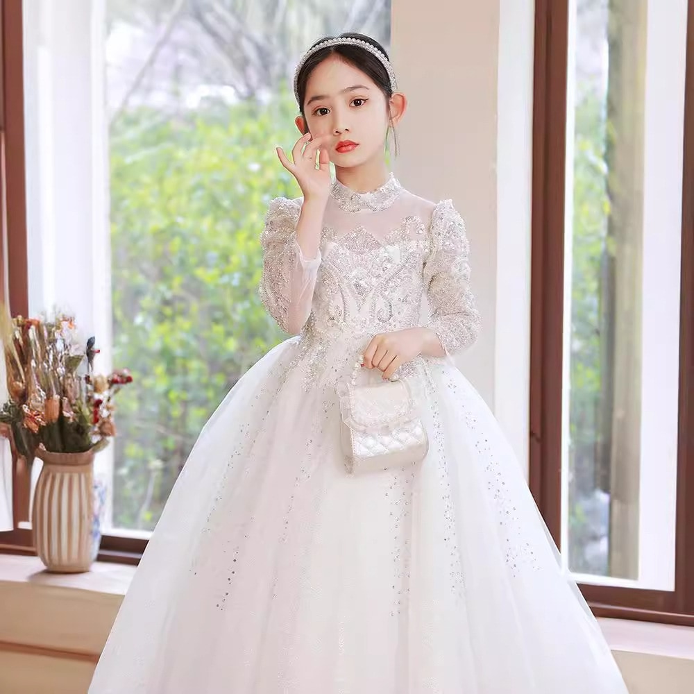 子供のドレス白いガーゼの小さな女の子のピアノパフォーマンス服フラワーガールのふくらんでいるルガールホスト長袖プリンセススカート