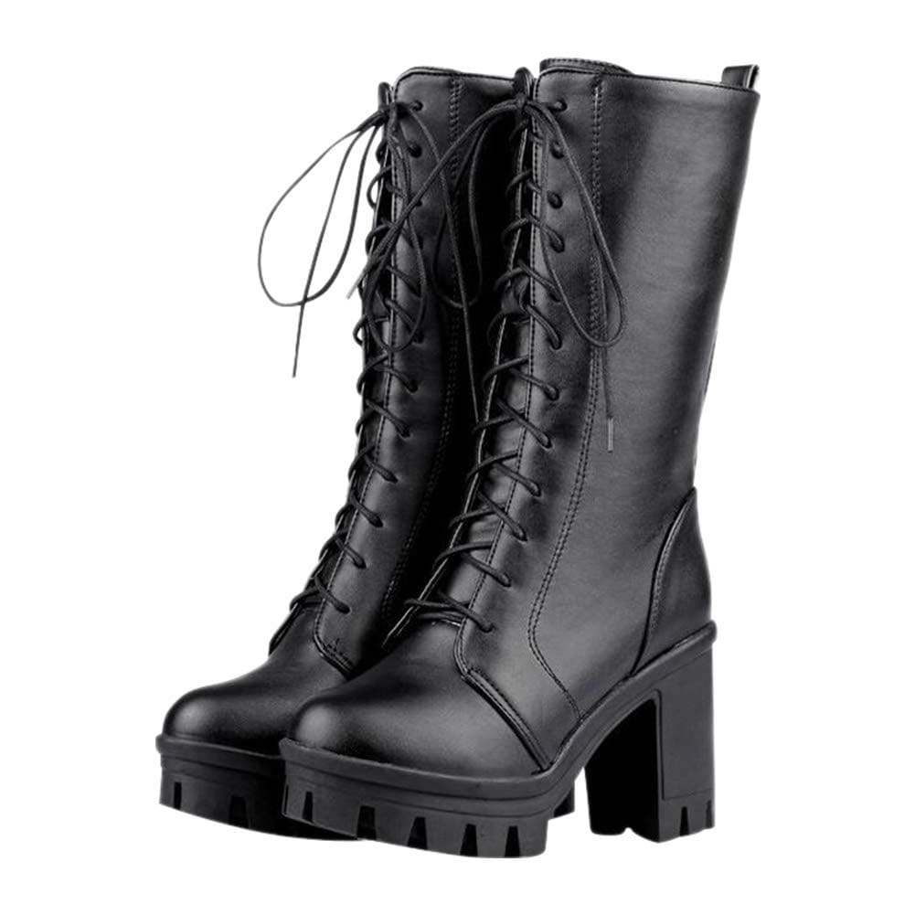 [Guoyupika] ショートブーツ レディース ブーツ ミドル丈 レースアップブーツ 太ヒール 厚底 無地 編み上げ 合成革 PU 美脚 全3色 大きいサイズ (26.0cm, ブラック)