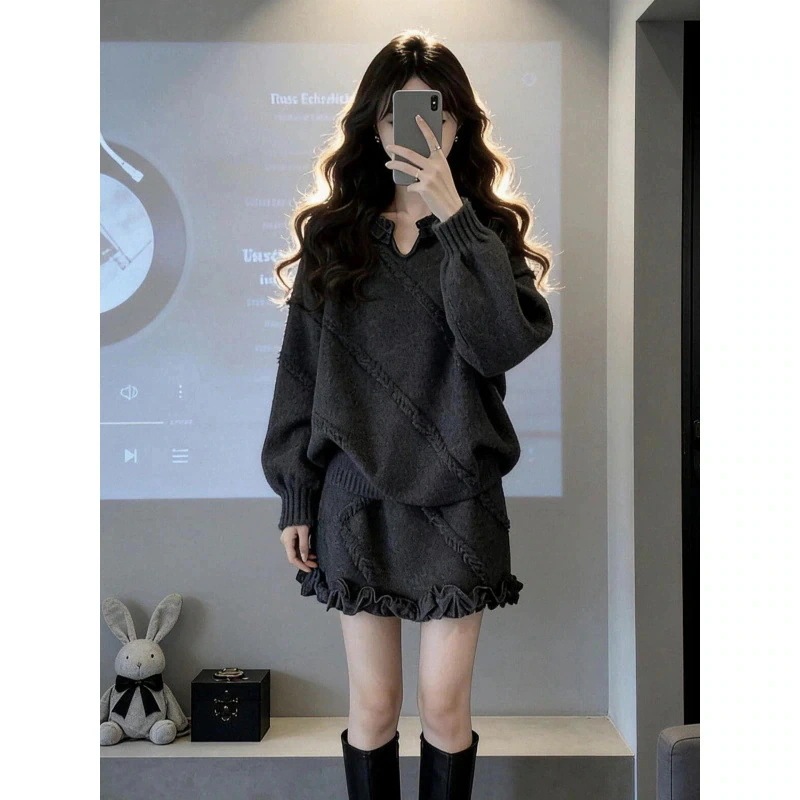 韓国風の甘くてくたびれたスタイルのニットセットアップ 女性用 秋冬新作ベストセラー 紐編みトップスとスカートの2点セット セットアップ