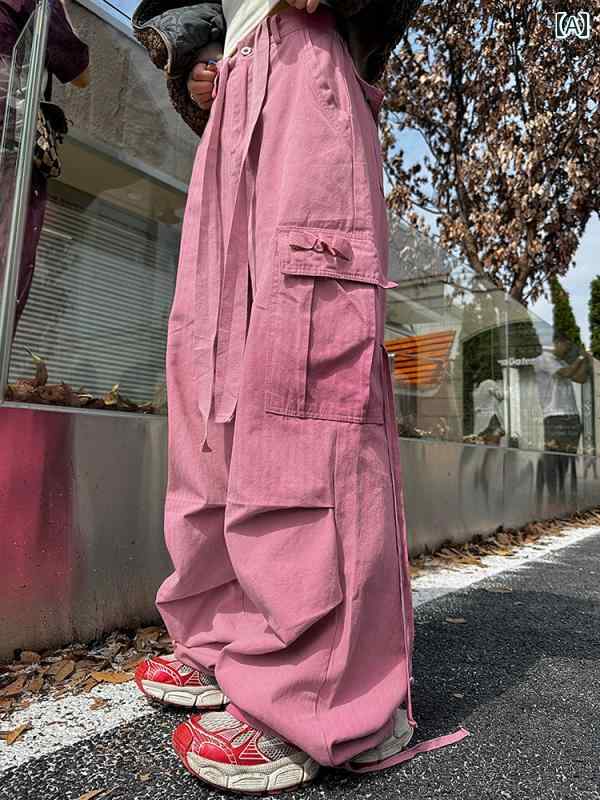 カーゴパンツ レディース カジュアル ハイウエスト アメリカン 秋冬 ストレート ワイドパンツ 韓国 おしゃれ 厚手 ピンク