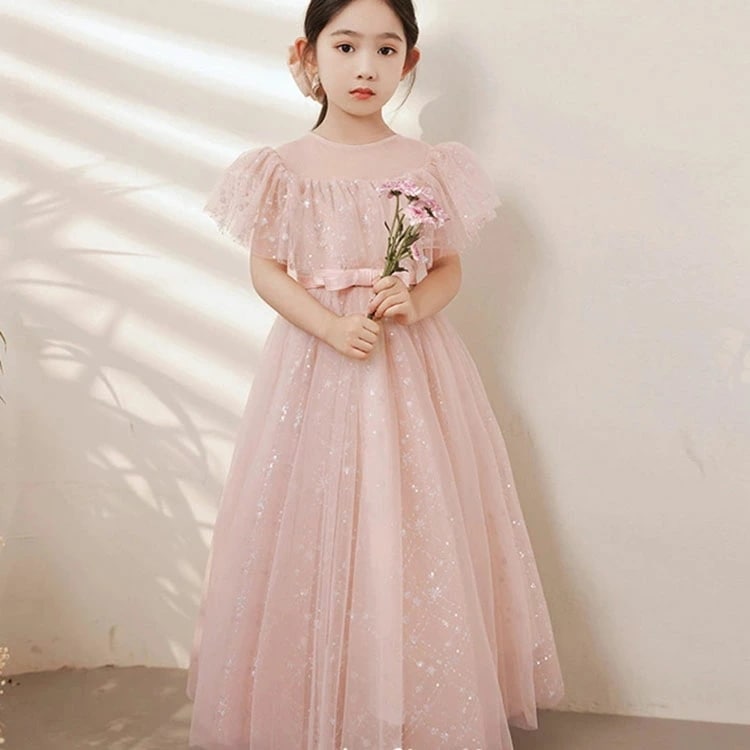 ロングドレス 子供ドレス ピンク ピアノ発表会ドレス 女児ドレス スパンコール キラキラ 演奏会ドレス 女の子ドレス キッズドレス フォーマル ステージドレス 100 110 120 130 140