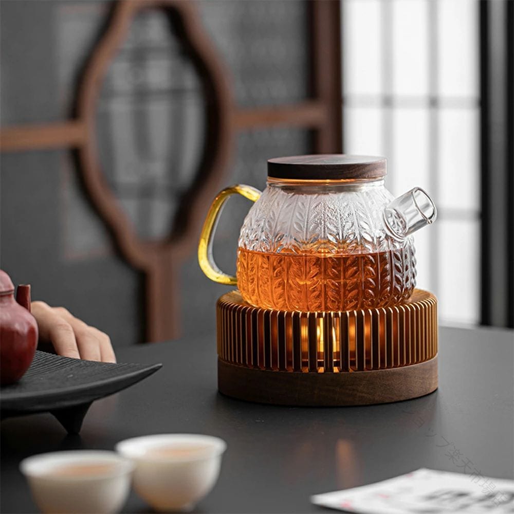 【 迅速な出荷 】耐熱 ガラス ティーポット 麦の穂 ムギノホ 600ml Mサイズ ティーウォーマー キャンドルスタンド 保温 ウォーマー 急須 ガラスポット 直火対応 木の蓋 ウールナット 紅茶ポ
