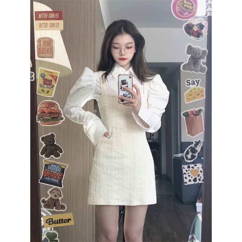 ハイエンドのカスタマイズ-フレンチスタイルの小さいスタイルの西洋スタイルのスーツの女性のベストスカートドレス秋と冬の新しいスタイルのパフスリーブシャツファッション2点セット