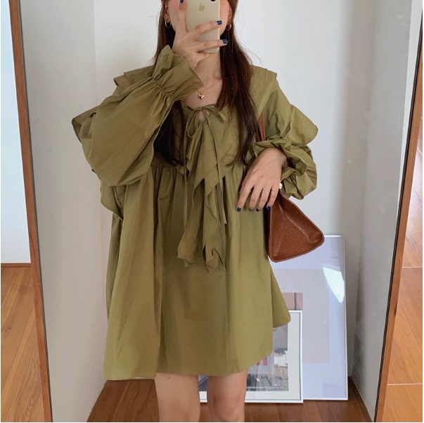 トップス ワンピース シャツ ブラウス プルオーバー チュニック 白シャツ 白トップス ミニ丈 長袖 ドロップショルダー 萌袖 Vネック ワイド Aライン フリル リボン かわいい 大人可愛い