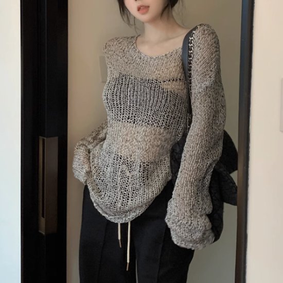 サマーニット レディース サマーセーター トップス 長袖 シースルー ルーズシルエット シンプル 無地 カジュアル お出かけ おしゃれ 日焼け対策 UV対策 プルオーバー ニット セーター