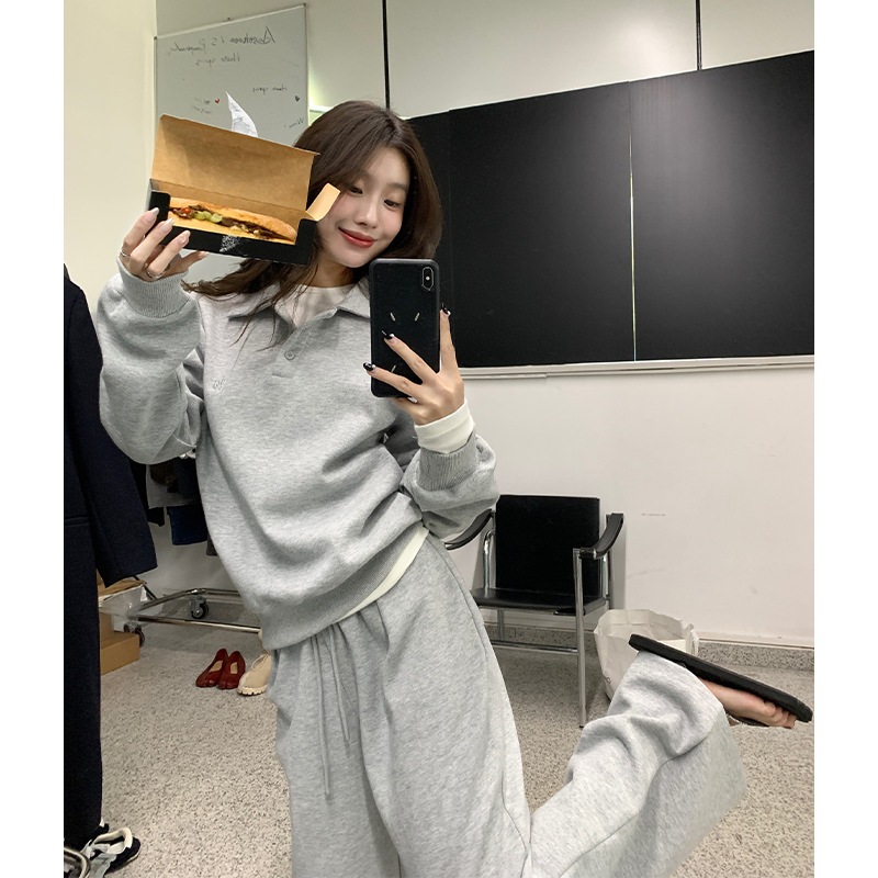 韓国風シンプルカジュアルスポーツスーツ女性用2024秋怠惰なルーズスウェットシャツとスウェットパンツの2点セット