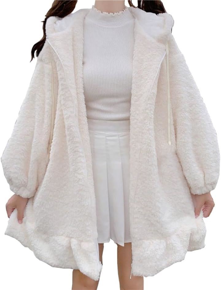 ぴゅありぼん 大きいサイズ うさ耳付き ふわふわ もこもこ パーカー( ホワイト, 2XL)