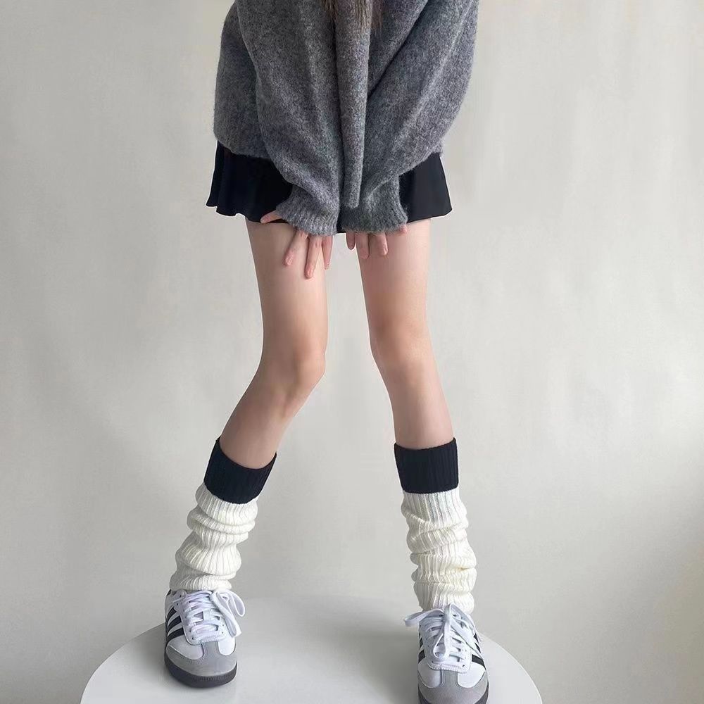 （NEW)ニットソックス 秋冬 グレー ウール 配色ソックス レッグカバー シンプル 万能 あったかソックス ふくらはぎソックス レッグカバー レディース