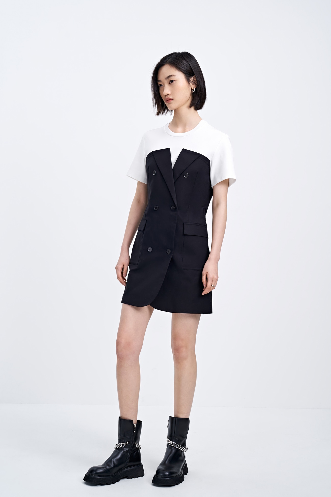 春 夏 婦人服 ファッション ヒットカラー ステッチ 半袖 ミニ丈 トレジャーワンピース ドレス スタイリッシュ 個性的 ユニーク ブラック S M L ワンピース 膝上 袖あり 半袖 ラウンドネック