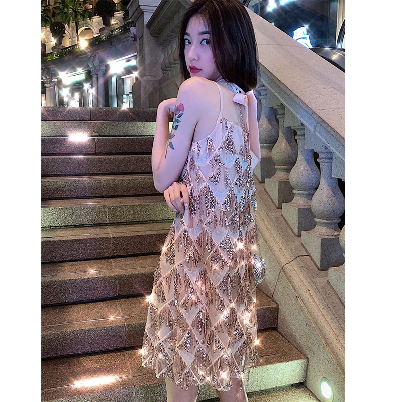 ワンピース ロング韓国ファッションロングワンピース韓国モデル夏新しい女性のミドル丈スパンコールメッシュドレス妖精 ベストスカートセクシーなサスペンダースカート