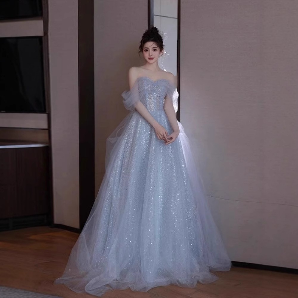 高級パーティードレス】夏 ライトブルー オフショルダー イブニングドレス 新作 ラグジュアリー 誕生日 宴会 超夢幻 フェアリードレス プリンセスワンピース パーティードレス