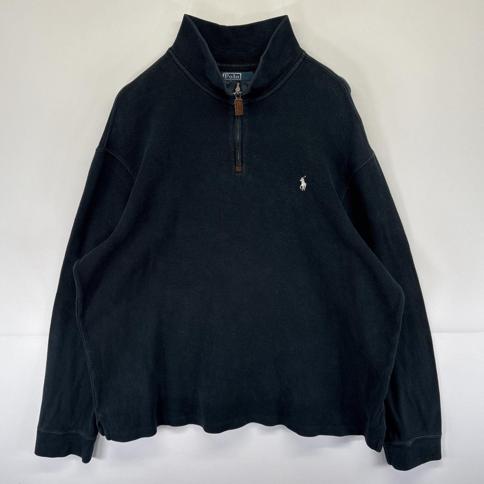 古着 ポロバイラルフローレン Polo by Ralph Lauren スウェット セーター ニット ハーフジップ ワンポイントロゴ刺繍 XXL ブラック メンズ