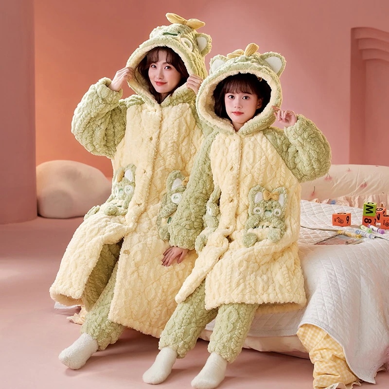 通学 女の子珊瑚絨毯パジャマ冬の3層綿挟みカートゥーン厚手フランネル親子服ホームスリーパーセット 保育園 小学部