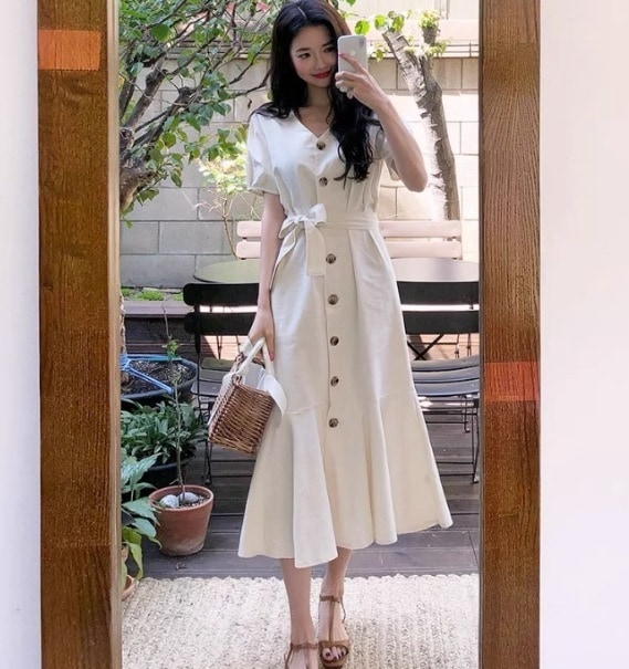 ワンピース フレアスカート フレアワンピース ミモレ ミモレ丈 袖あり 半袖 Vネック 襟なし フレア セミフレア Aライン ウエストマーク ウエストリボン 大人可愛い きれいめ シンプル カジュアル