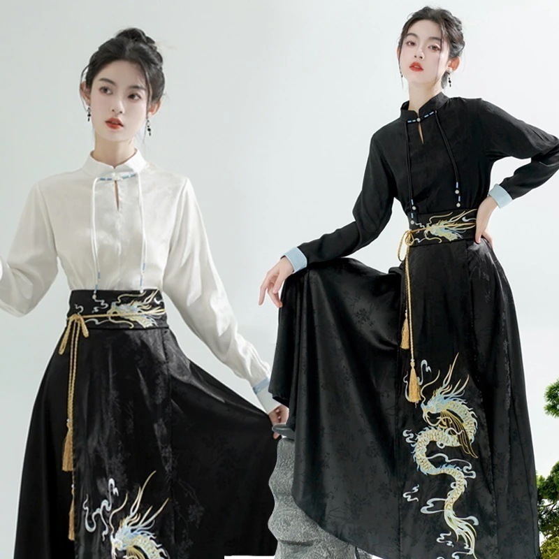中華シャツ+ロングプリーツスカート 刺繍 中華服 中華コスプレ衣装 レディースチャイナ漢服 改良漢服唐装 コスム ハロウィン衣装 龍柄 タンチョウ エスニック ブラウス スカート時代劇