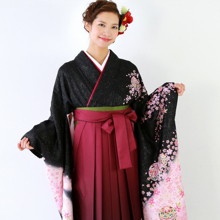 レンタル卒業式 袴 レンタル 女 袴セット 女 卒業式袴セット 正絹 振袖 着物＆袴 フルセットレンタル 安い 黒地に薄紫ぼかし桜と鞠 ピンク ラメ入りハカマ はかま rental