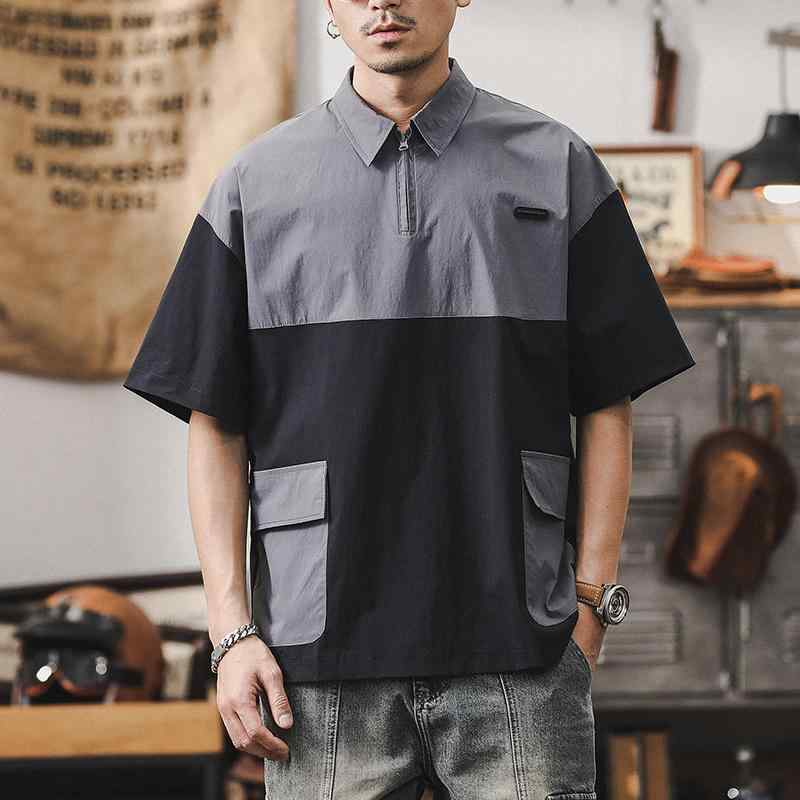 メンズ スプライス ポロシャツ 半袖 夏 大きいサイズトップス 速乾 シャツ ポケット ノーアイロン アメカジ ブラック キャメル グリーン