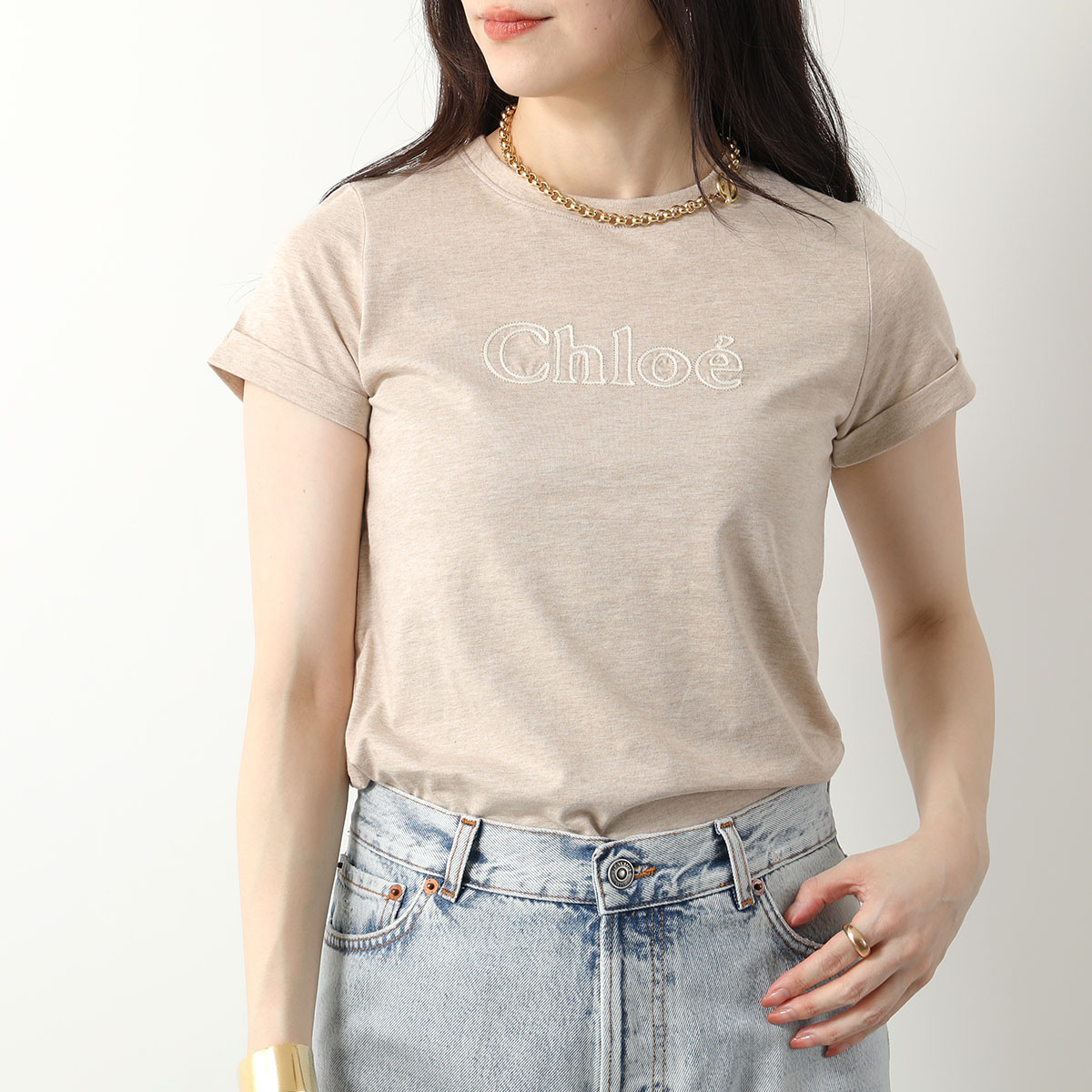 Chloe Kids クロエ キッズ Tシャツ C20112 レディース ガールズ 半袖 カットソー ロゴ刺繍 コットン クルーネック C03/BEIGE-MARL