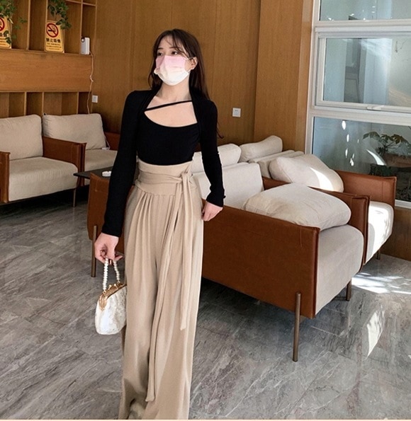 ワイドパンツ レディース ボトムス パンツ ルームウェア ロング丈 ウエストリボン ハイウエスト 無地 シンプル リラックス リゾート ゆったり 休日 お出かけ 3色展開 ベージュ ピンク ホワイト