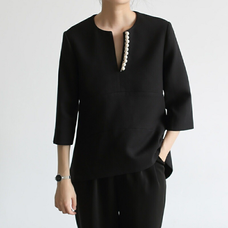 パール Vネック七分袖 トップス 2色 ブラック ホワイト OHCA0016