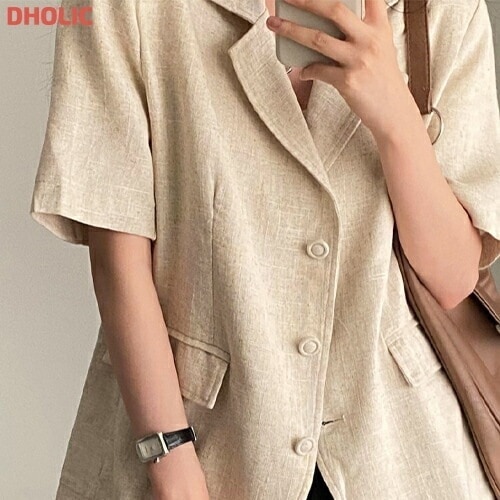 リネン混ボタンカラー半袖ジャケット