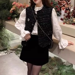 2点セット フリルスタンドカラー キャンディスリーブ レディース トップス シャツ ブラウス ベスト アンサンブル 袖なし ノースリーブ 長袖 フリル 前開き ボタン 大人可愛い シンプル カジュアル