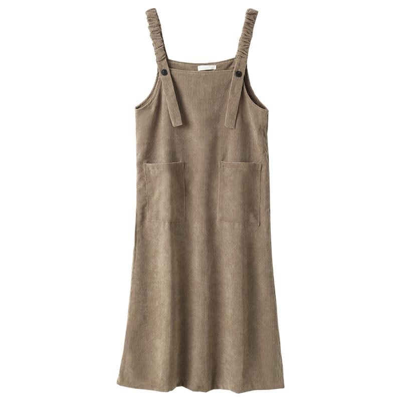 ジャンパースカート 大人 レディース 秋 レトロ Aライン ミモレ丈 ボタン コーデュロイ スクエアネック カーキ 黒