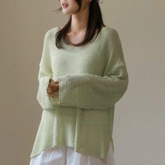 サマーニット レディース サマーセーター トップス 長袖 Ｖネック シンプル 無地 ルーズ カジュアル お出かけ おしゃれ プルオーバー サイドスリット 女性 UV対策 日焼け防止 ニット