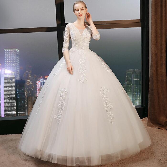 プリンセスライン 6分袖 結婚式 二次会 ウエディングドレス 小さいサイズ 大きいサイズ ウェデイングドレス 花嫁 披露宴 ブライダル ホワイト 床付き レース
