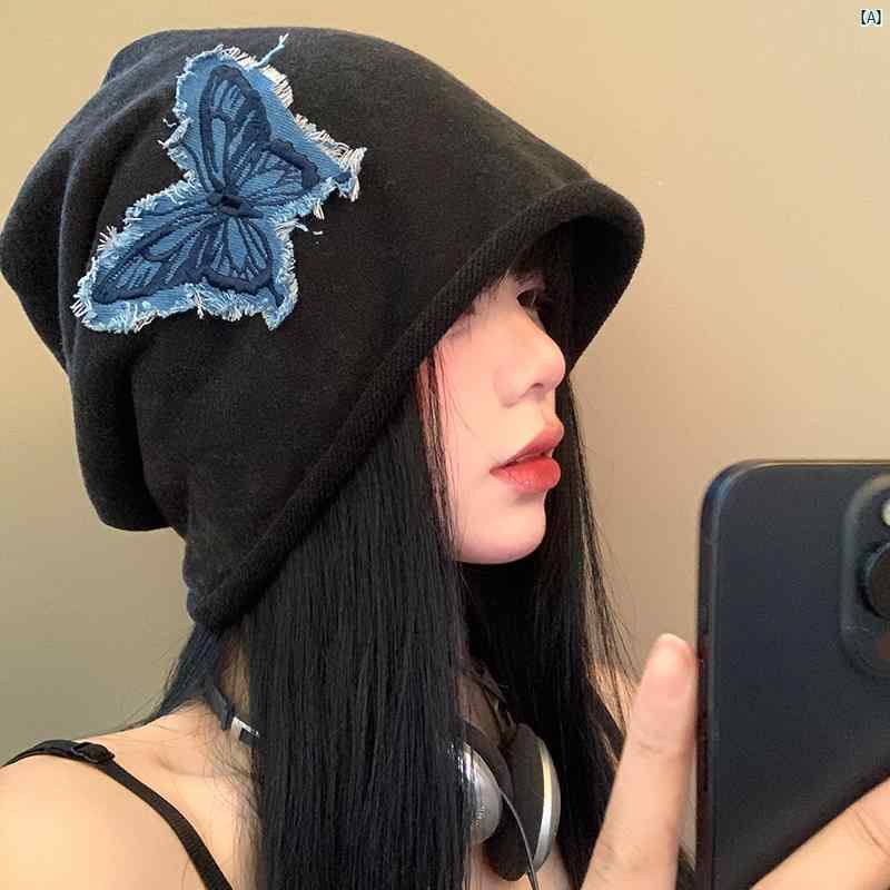 レディースファッション　ファッション小物　オシャレ レトロ 蝶 パイル 帽子 薄手 大きい頭囲 クール 顔 見せる 小柄 ブラック