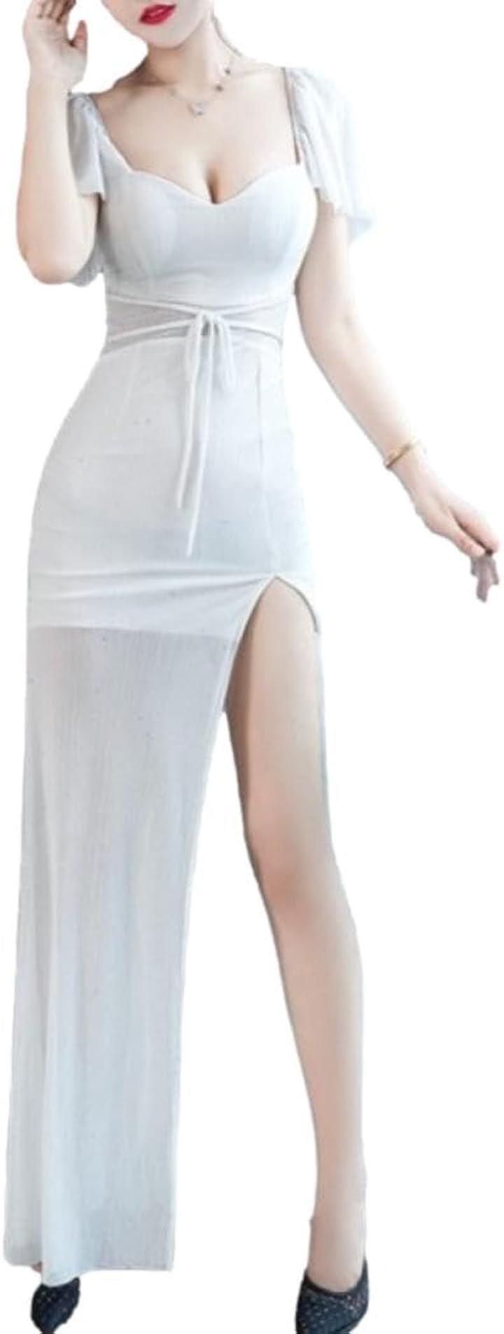 シースルー ワンピース ディープ スリット タイト ロング イブニングドレス 半袖 マキシ レディース EB4( ホワイト, S)