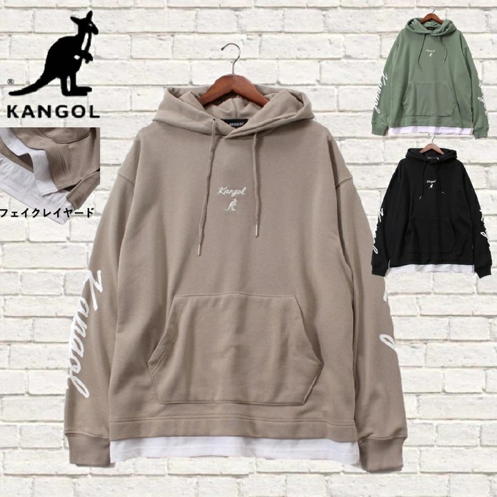 2024新作 【KANGOL】 kangol パーカー フェイク レイヤード オーバーサイズ ワンポイント刺繍 袖プリント 裏毛 ストリート ダンス メンズ レディース ユニセックス kangolパー