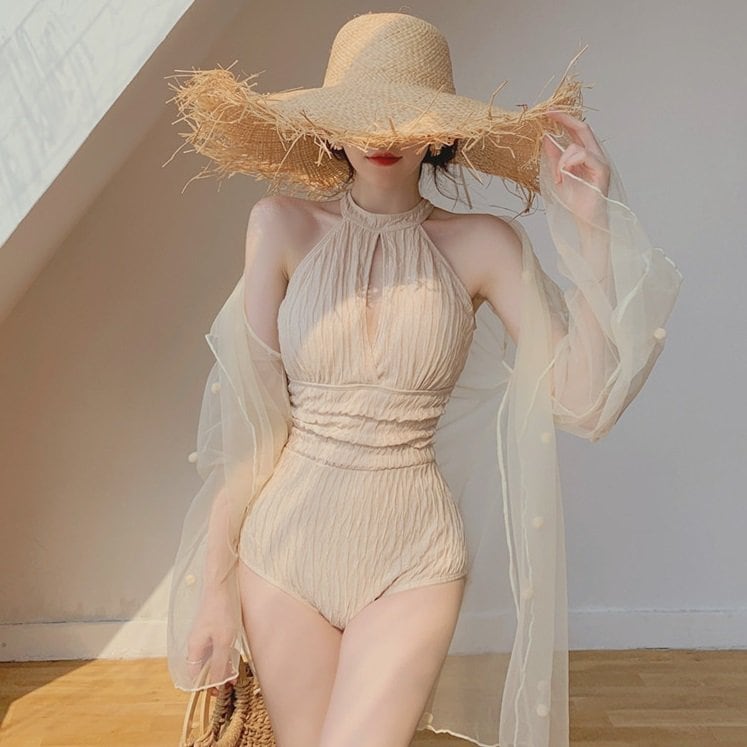 【新作登場】レディース 水着 スイムウェア シアーショール付 ホルターネック 2点セット ノースリーブ 水玉 ドット はおり付き ハイウエスト くしゃくしゃ上品 ママコーデ ママファッション 韓国系