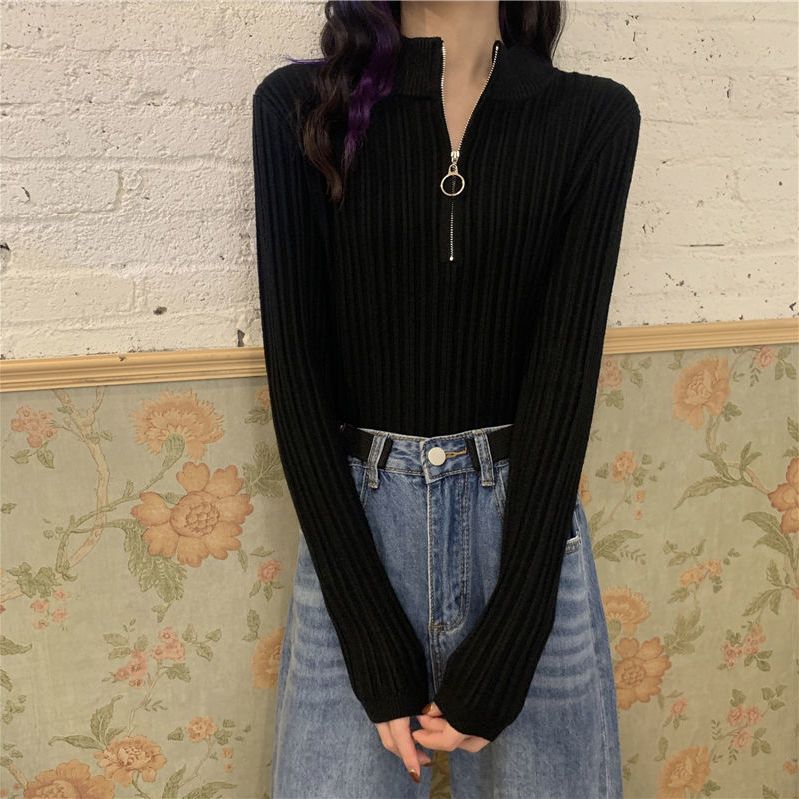 ニットウェア 秋冬に着たい ポロ襟ニット Tシャツカットソー 厚手 ファスナー 新作 アンダーウェア 長袖 レディーストップス